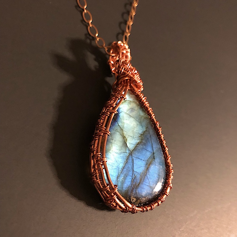 Hand Crafted Copper Chain Necklace w/ Large Teardrop Labradorite Pendant
